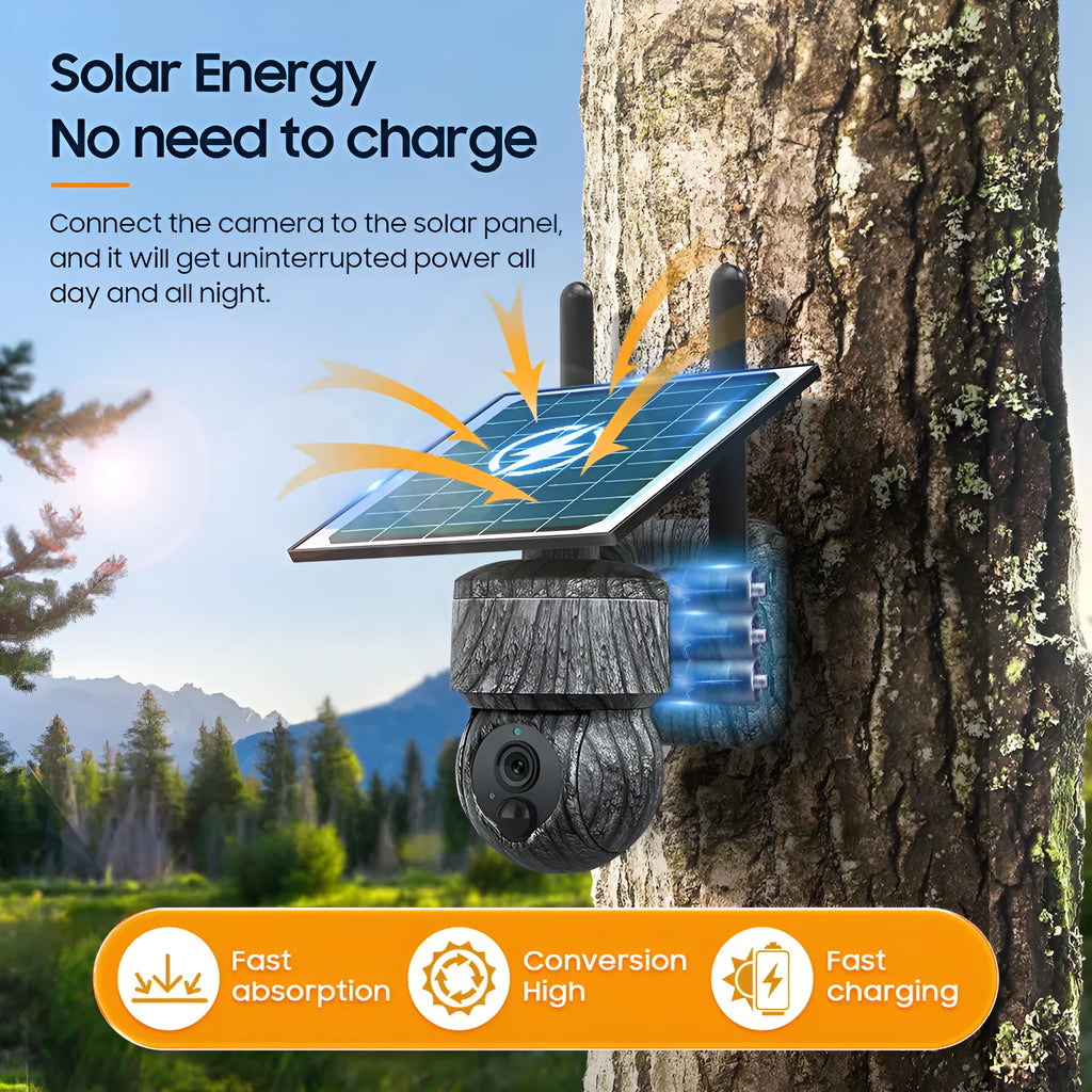 Camouflage solar outdoor surveillance camera with 4G and night vision, IP66 rated, 180 x 200 x 130 mm
