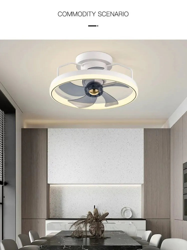Modern ceiling fan with integrated light showing 500mm diameter design with PC blades and acrylic shade