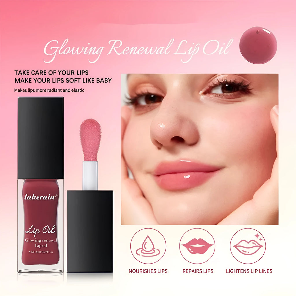 Glow Lip Gloss tube in 8ml size showing one of seven colours: Coral, Clear, Honey, Jam, Pink, Red, or Rose.
