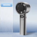 A compact white USB handheld fan with multiple speed settings on a dial.