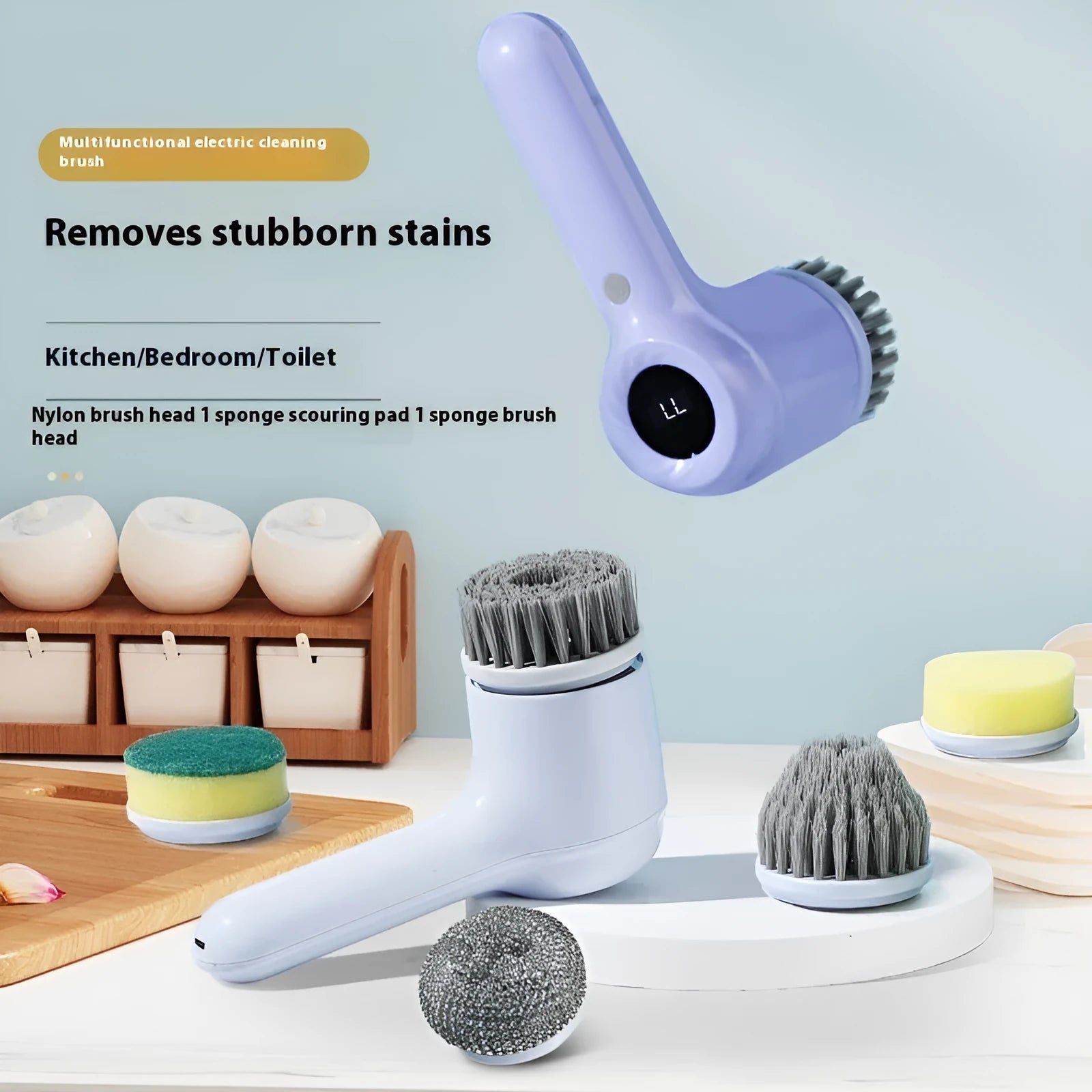USB rechargeable electric cleaning brush in light grey or purple with multiple cleaning heads
