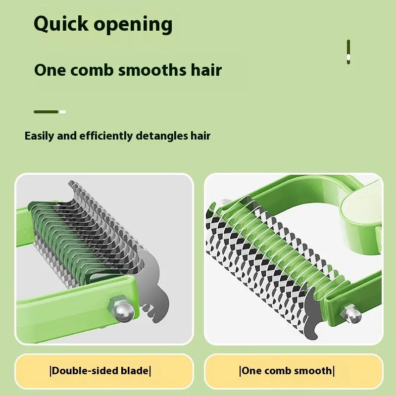 A green and grey dog detangling comb made from PP plastic and stainless steel, shown in small and large size options.