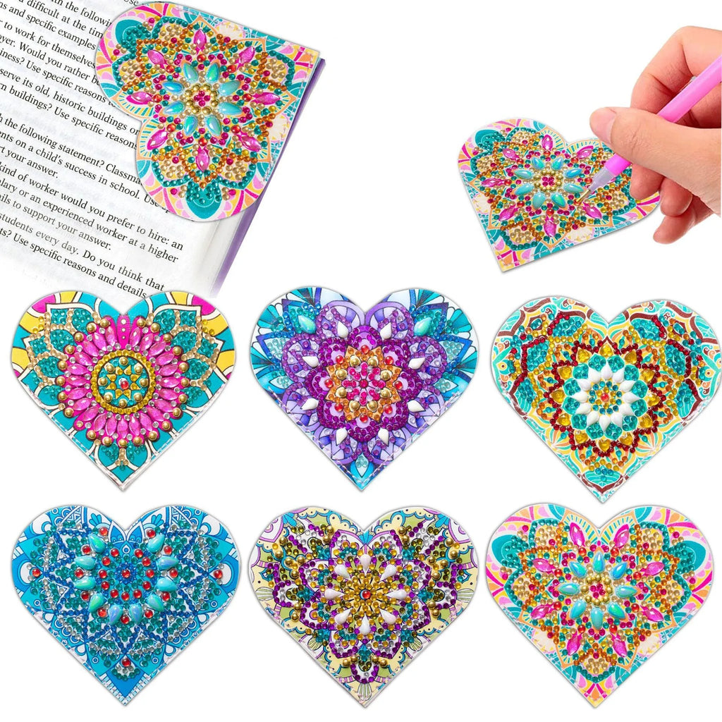 Set of six PU leather handmade bookmarks with flower cornerite shapes and stick-on crystals.