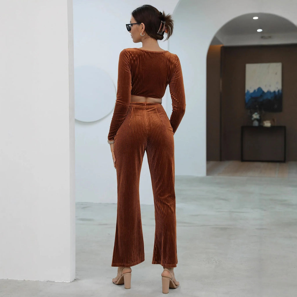 Caramel coloured long sleeve sweater and trousers casual set on hanger