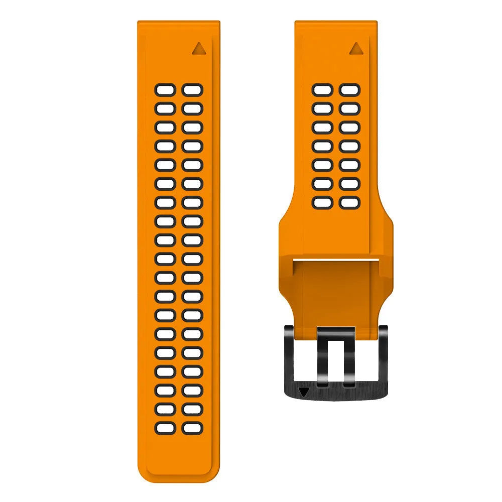 Two-tone quick release silicone watch strap showing pin buckle and colour options on grey background.