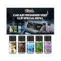 Set of five 10ml car air freshener refill bottles for vent clips in different scents.