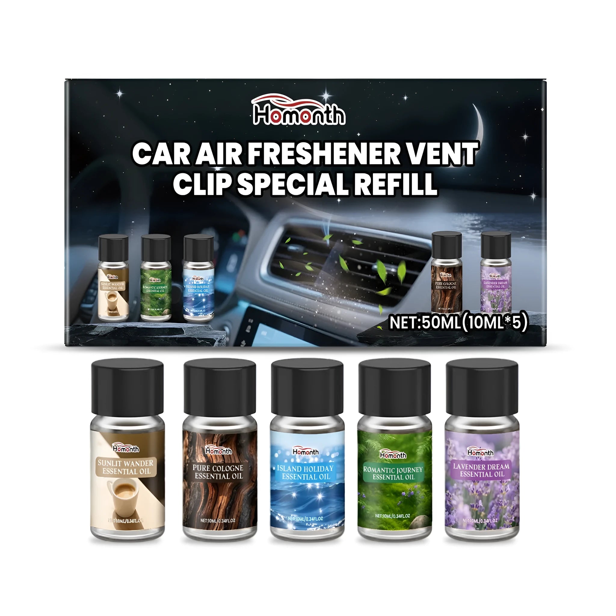 Set of five 10ml car air freshener refill bottles for vent clips in different scents.