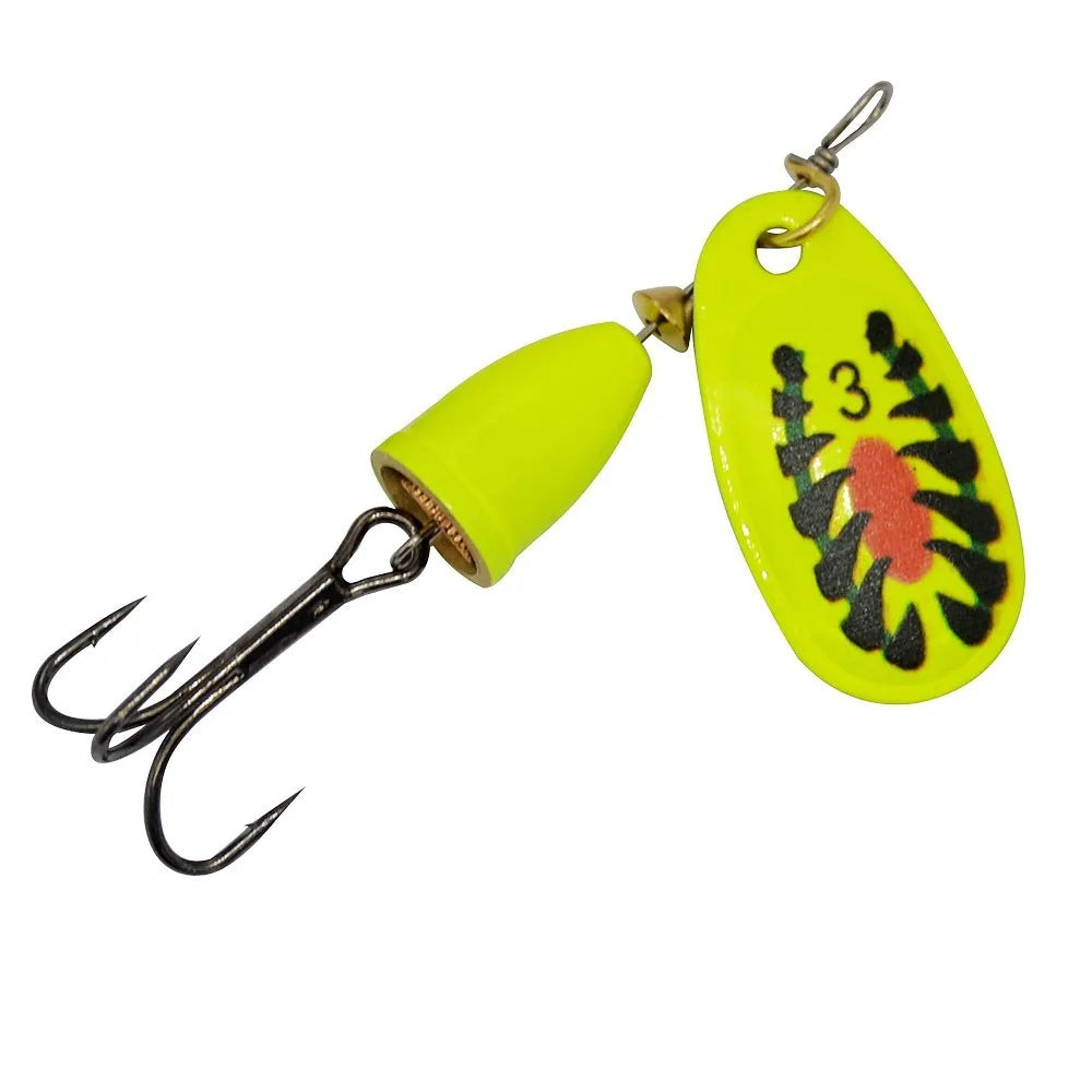 R-type metal fishing lure with rotating sequins and copper bell in seven colour options including yellow green, gold mesh, red, and rose gold