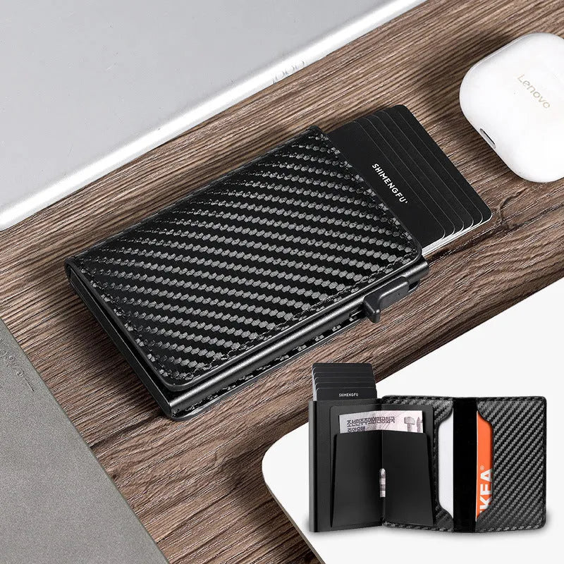 Pop-up aluminium alloy card wallet in retro PU leather with anti-theft function, front view