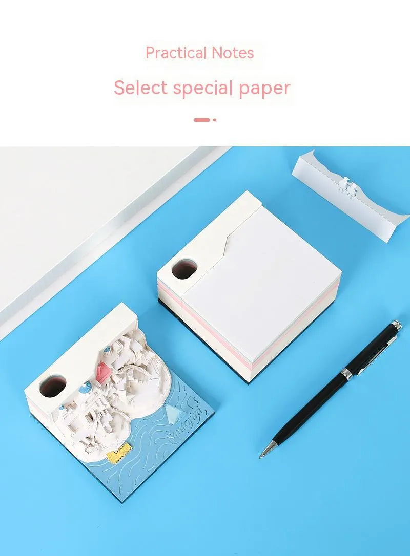 Santorini 3D paper carving notepad building model with LED lighting measuring 9x9x5 cm