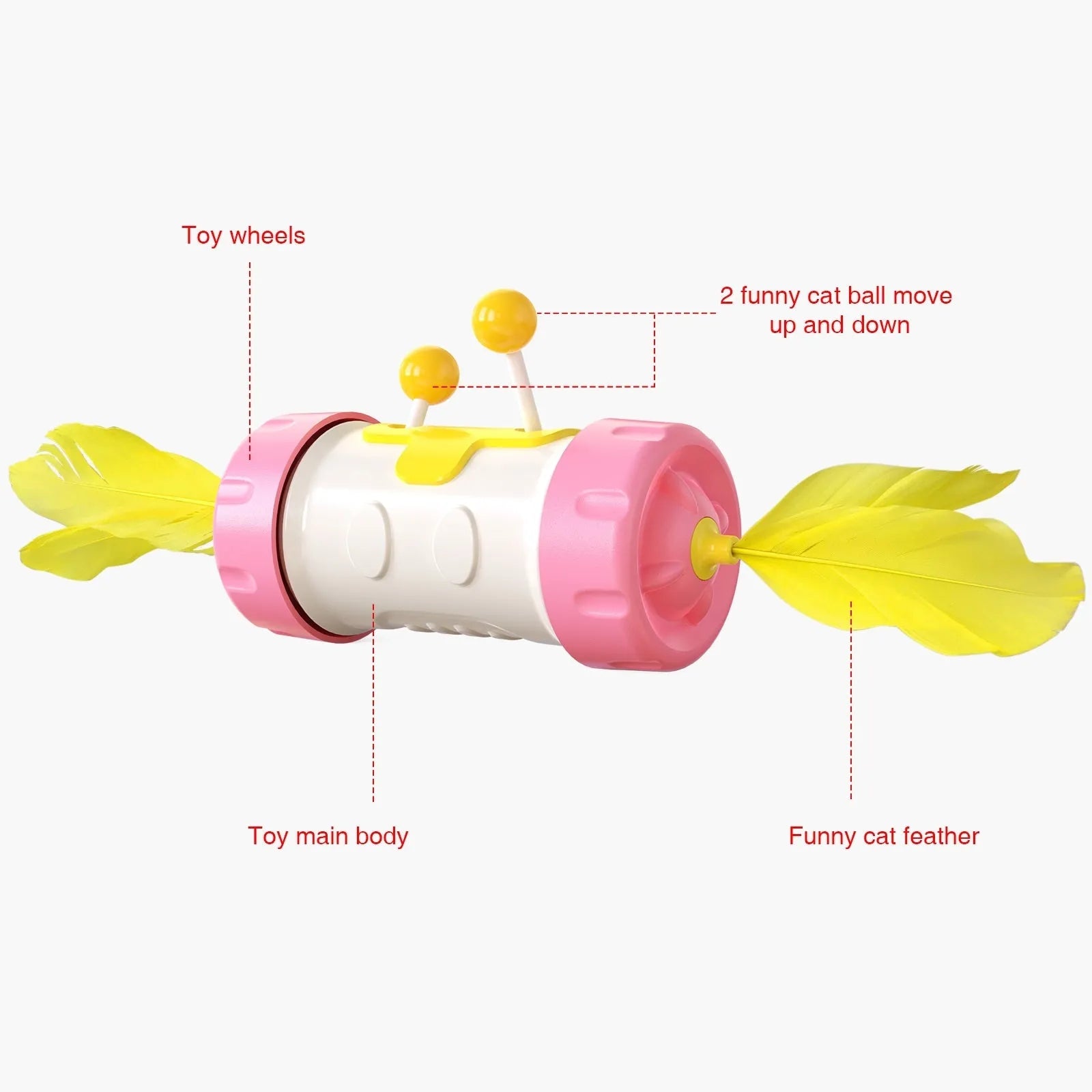 Interactive cat toy with stick pole and tumbler feather ball in multiple colour options