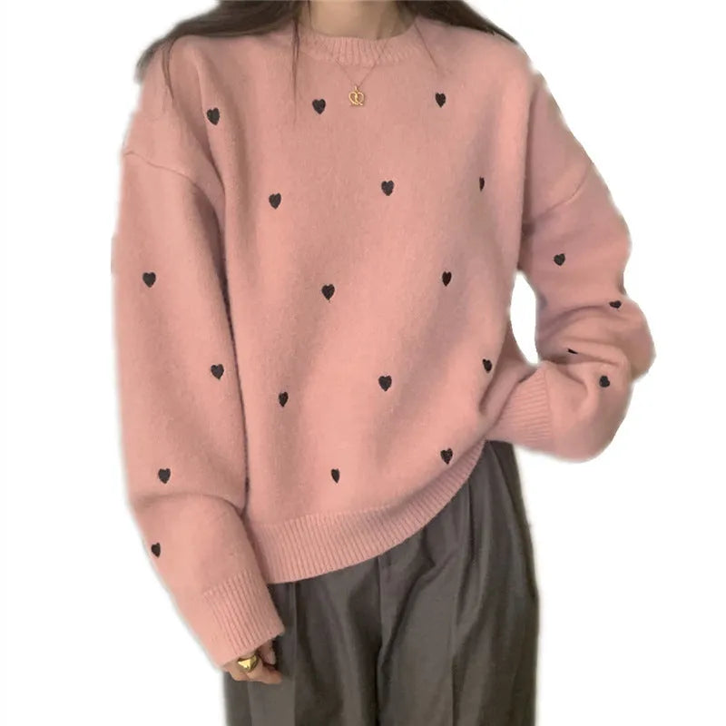 Women's cream crew neck acrylic sweater with love pattern embroidery and long sleeves