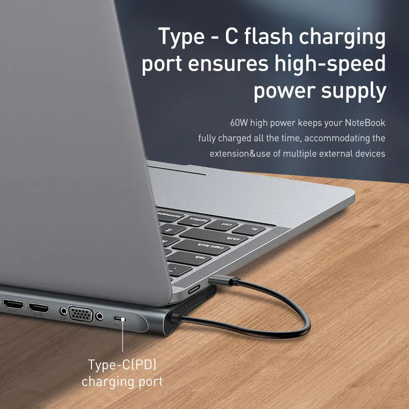 Grey 10-port aluminium docking station with cooling bracket showing HDMI, VGA, and USB connections