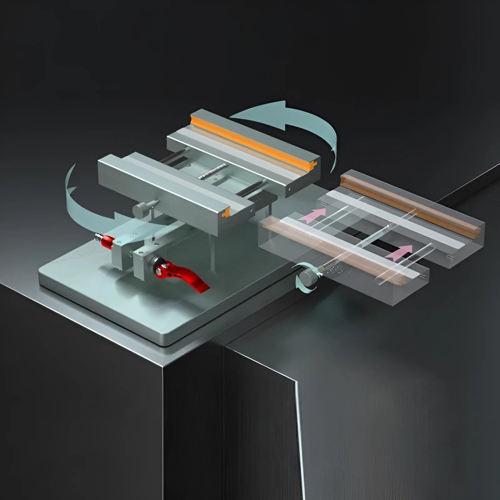Mobile phone repair fixture with adjustable arms and silicone grips, shown with a demolition crowbar.