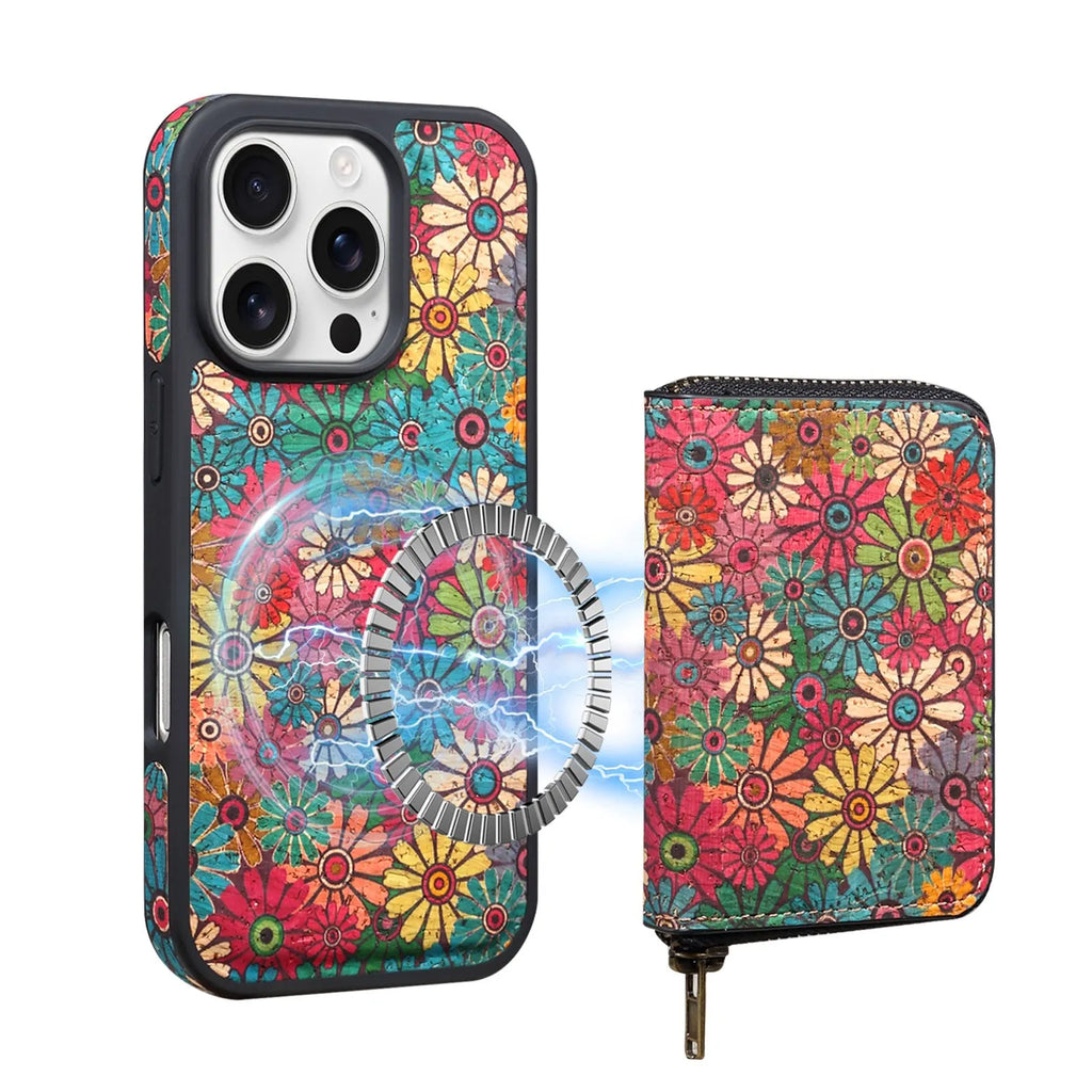 Cork phone case with magnetic suction and bracket for iPhone 17, red colour, three-dimensional floral design
