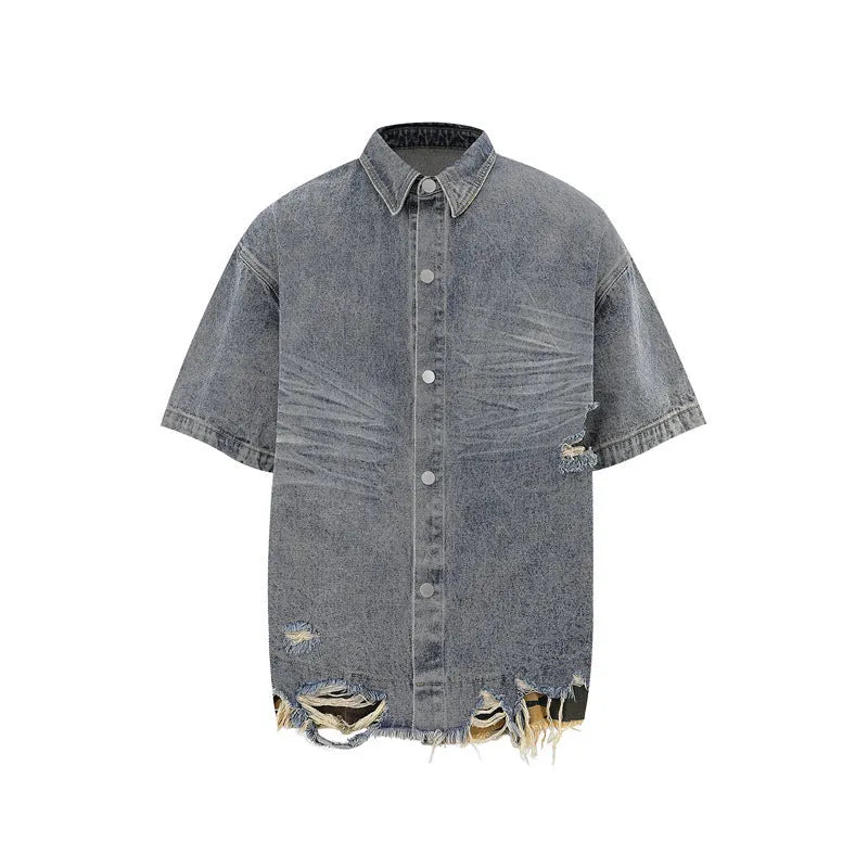 Leopard print denim short sleeve jacket and matching shorts with cut edge stitching detail