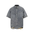 Leopard print denim short sleeve jacket and matching shorts with cut edge stitching detail