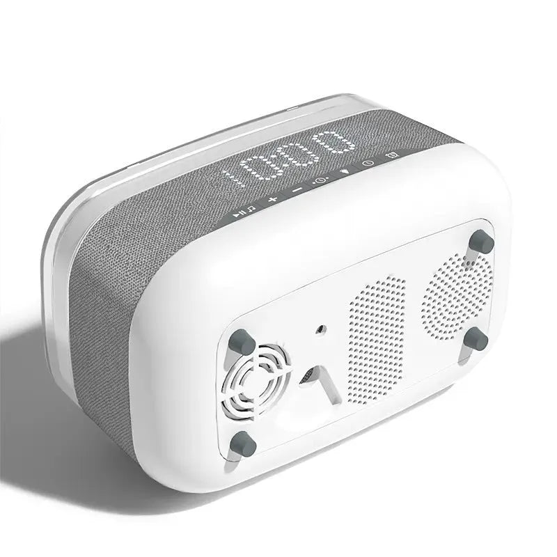White multifunctional alarm clock with Bluetooth speaker, wireless charging pad, and night light display