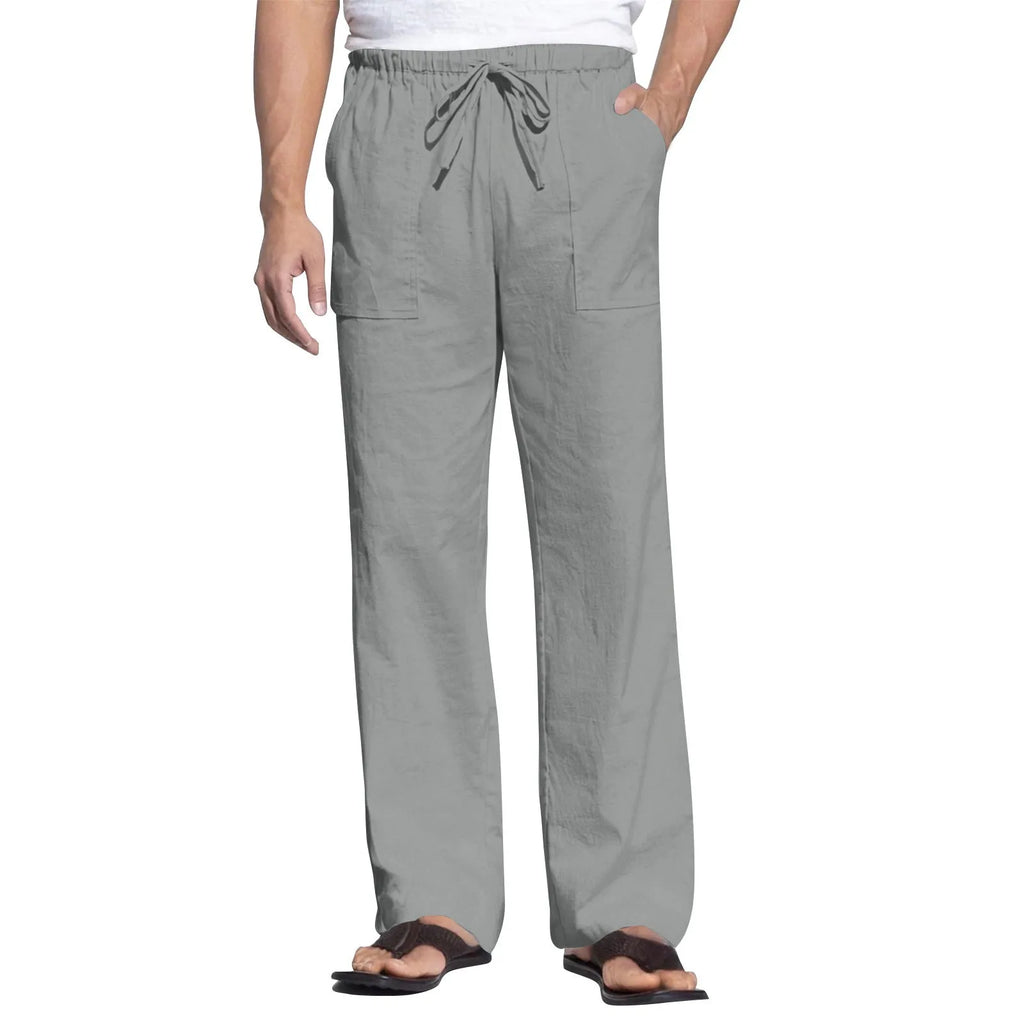 Men's cotton linen straight leg trousers with drawstring waist in various colours