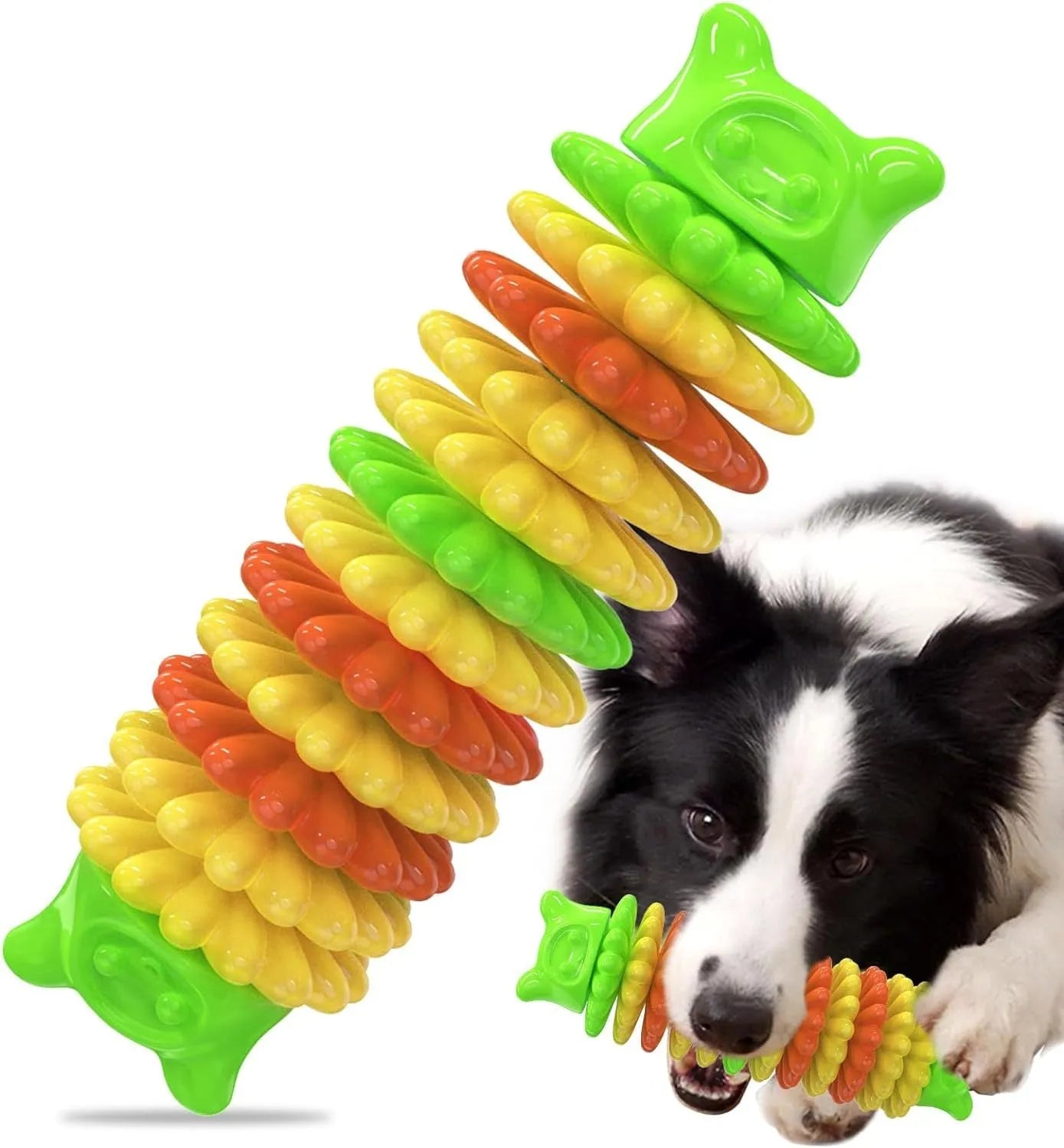 Blue natural rubber caterpillar-shaped dog chew toy showing textured surface and size.