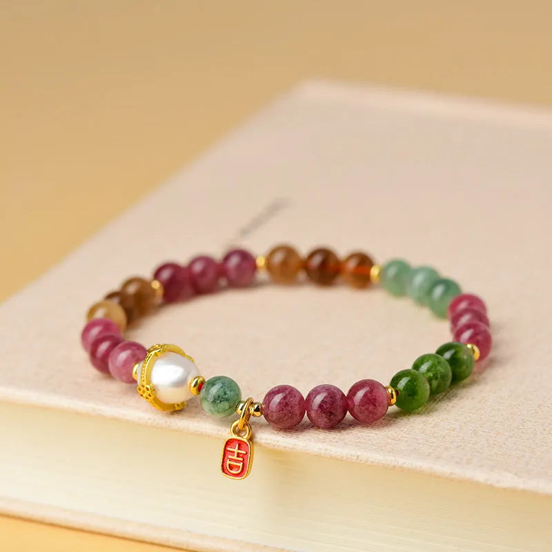 Geometric natural crystal bracelet with tourmaline and chalcedony 6.5mm beads
