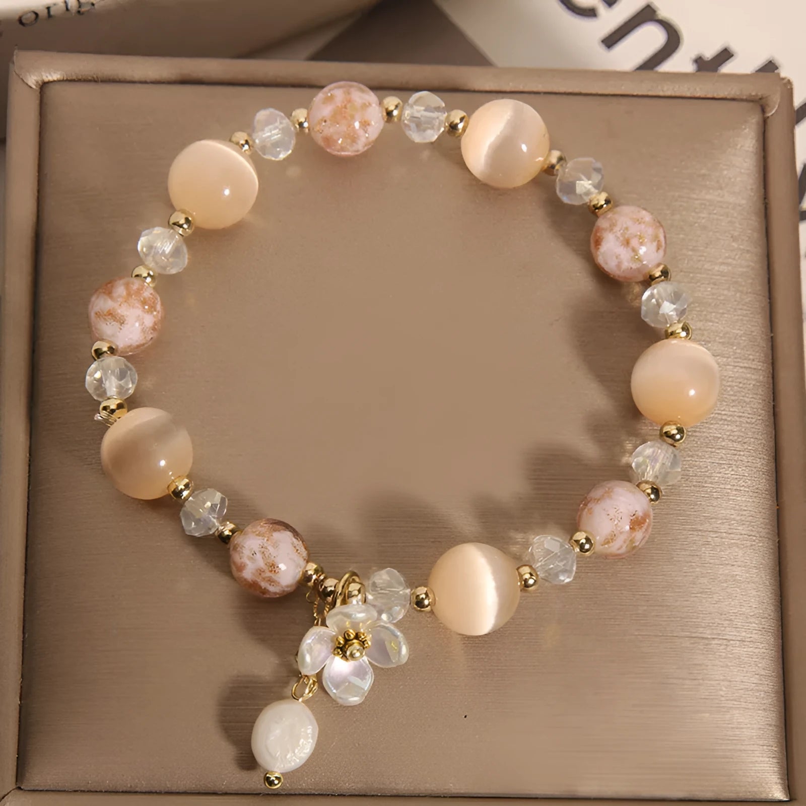 Opal and crystal woven bracelet with cat flower motif, couple style, Crystal Woven Ball option