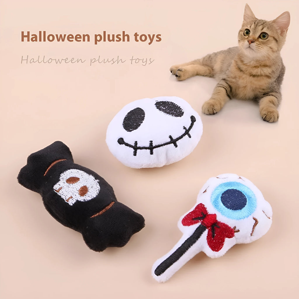 Colourful plush cat teaser wand with candy and eye-shaped attachments for interactive play