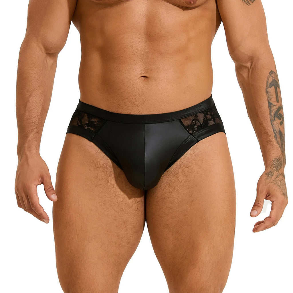 Black men's faux leather briefs with lace stitching detail in multiple sizes