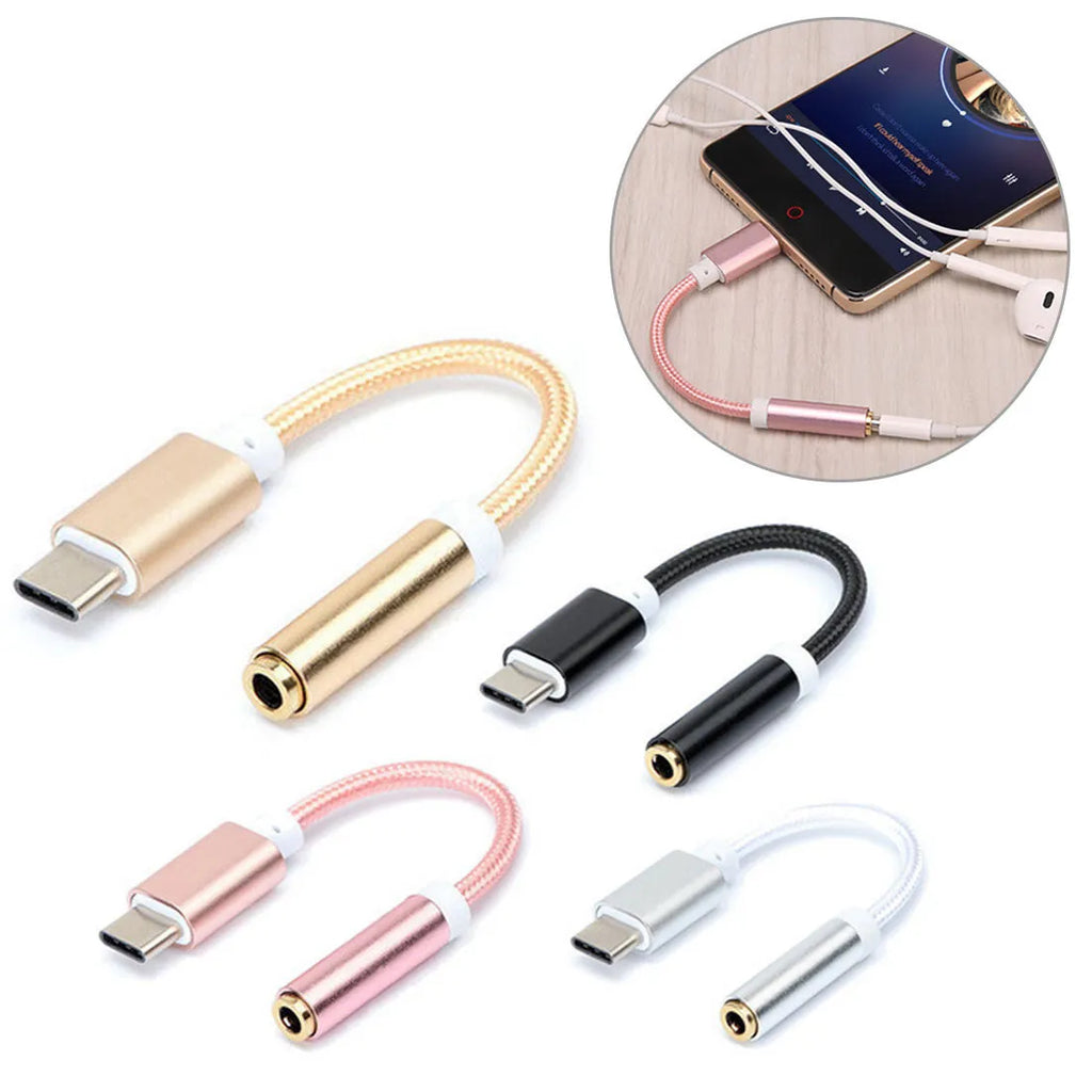Weaving Type-C to 3.5mm audio adapter cable in black, shown with connectors.