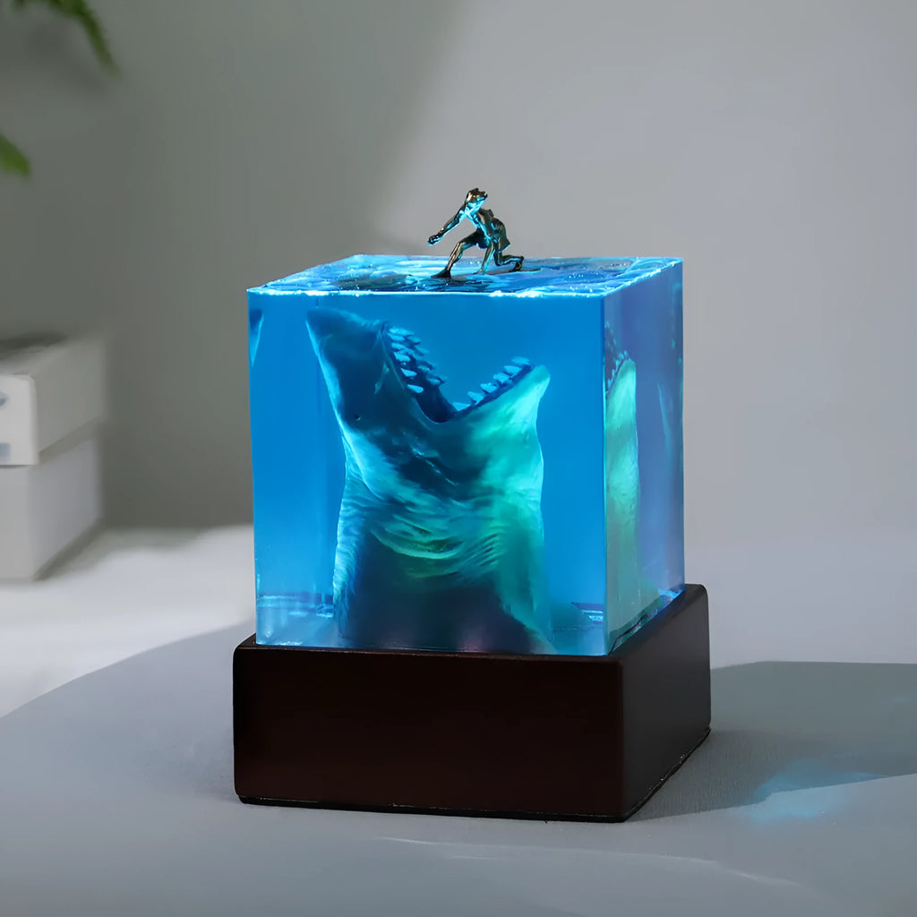 Ocean Shark Surfer resin night light ornament in epoxy resin with modern shark design