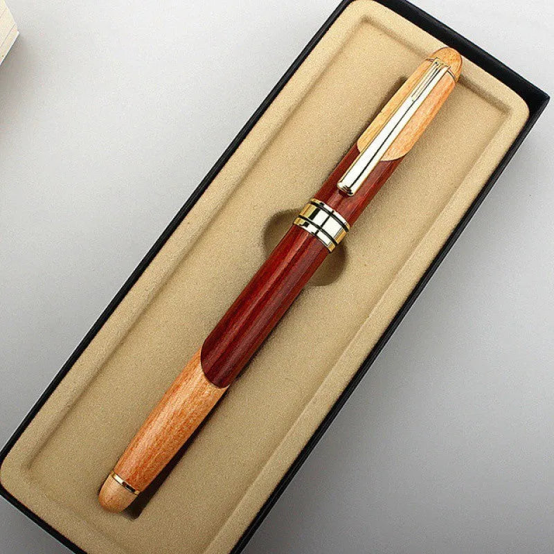 Wooden barrel and metal body ballpoint pen with a stylish protective storage bag.