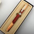 Wooden barrel and metal body ballpoint pen with a stylish protective storage bag.