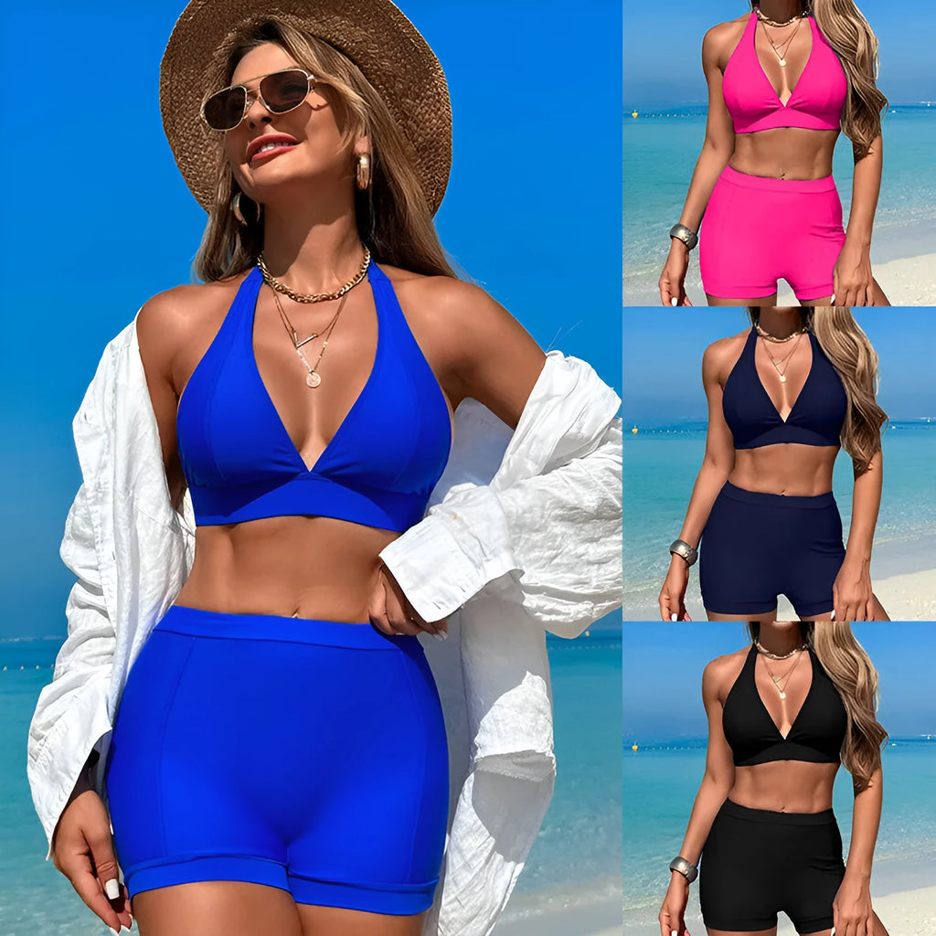 Women's two-piece nylon bikini swimsuit shown in one of four colour options: black, royal blue, pink, or purple blue.