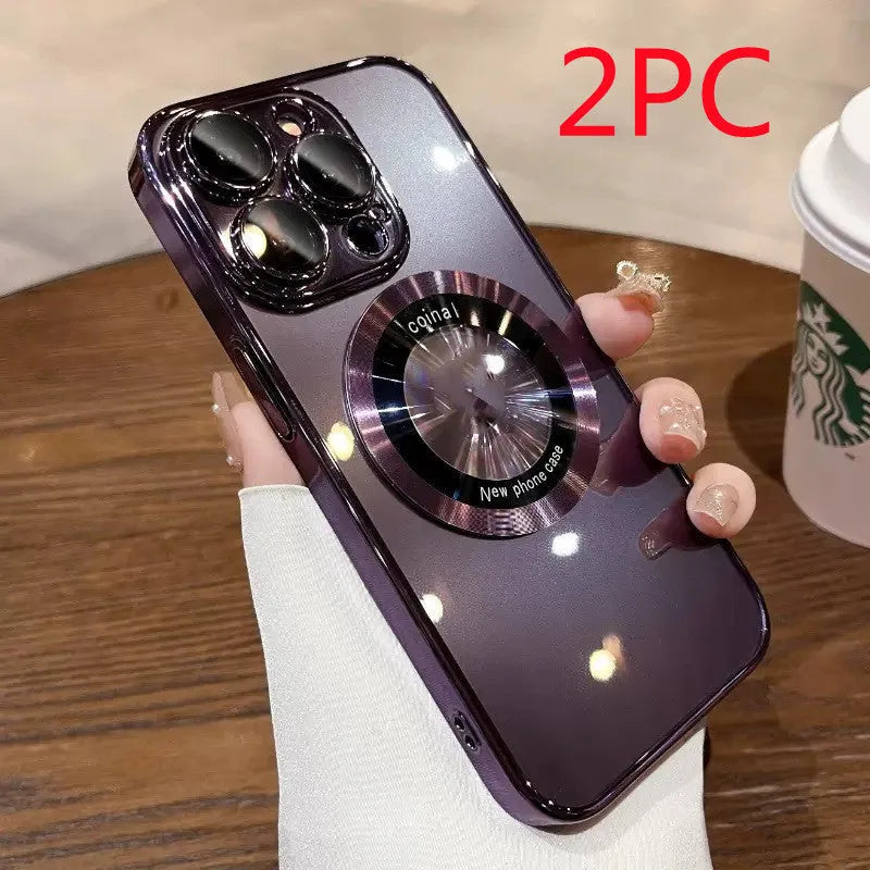 Magnetic magnifier phone case in electroplated PC with dark purple finish for iPhone 14 Pro Max
