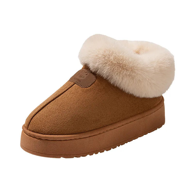 Women's solid colour suede slippers with bear logo heel cover, round head shape, casual style