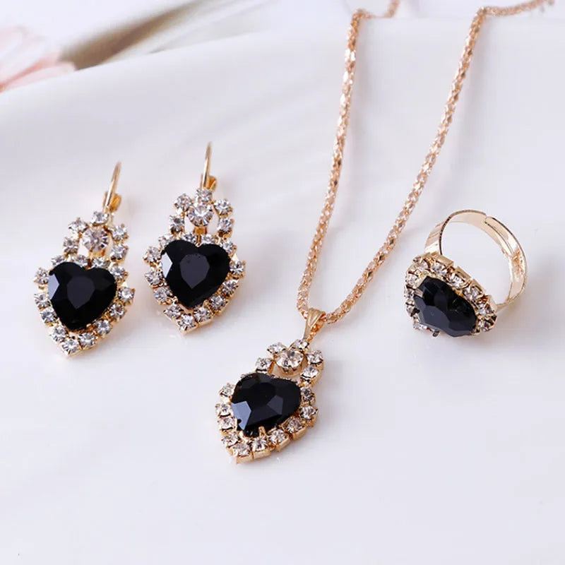 Water drop rhinestone jewellery set: necklace earrings and ring for women in selected colour