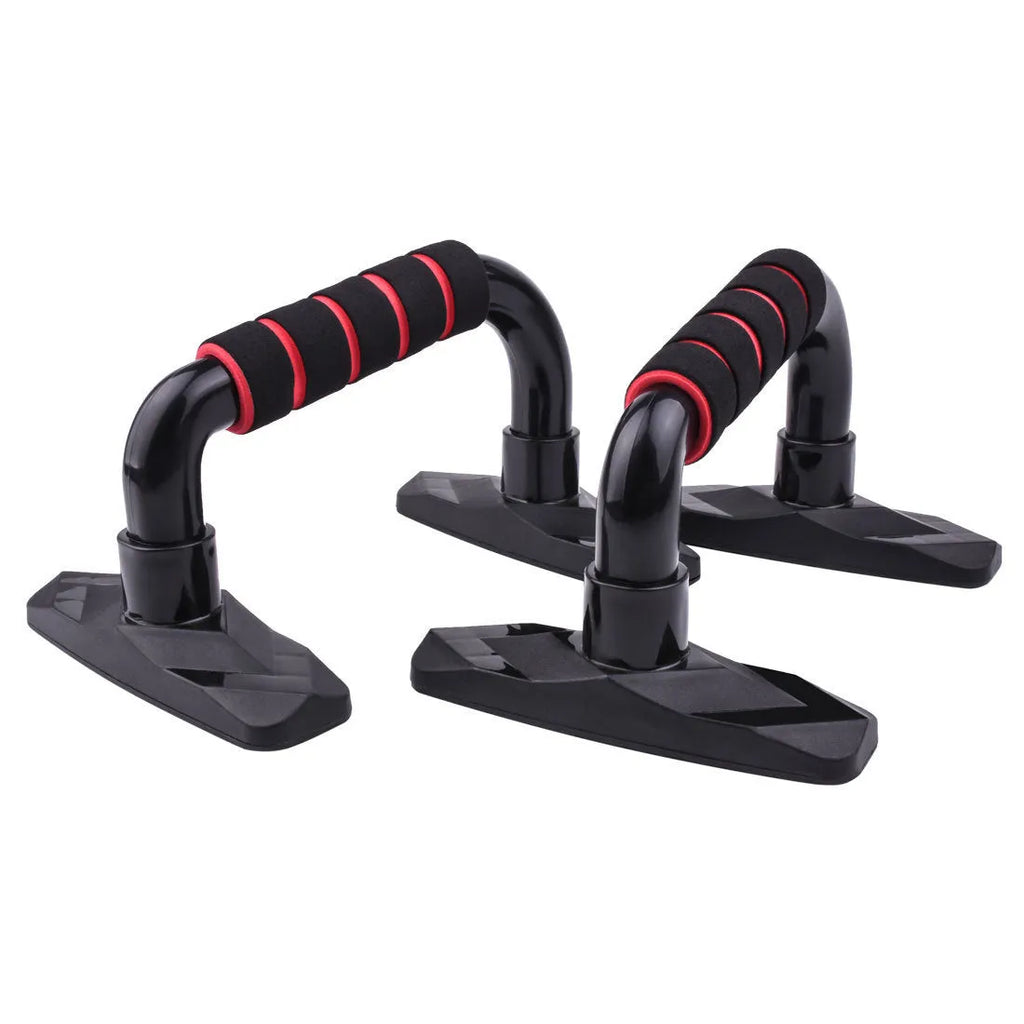 Set of two I-shaped black push up bars with PP sponge padding for strength training.