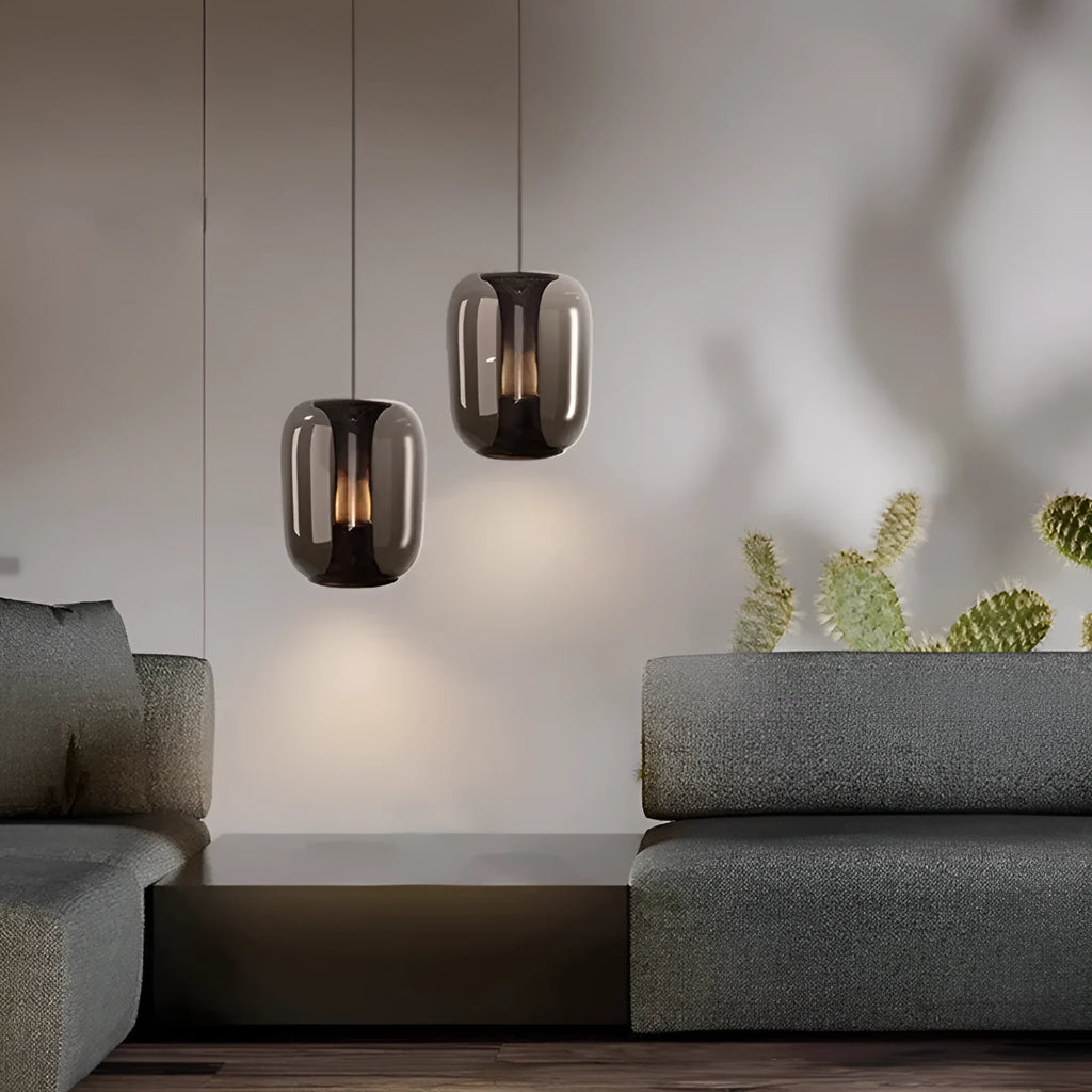Minimalist Nordic chandelier in clear, cognac, or smoky grey colour, 16 cm wide by 20 cm high.