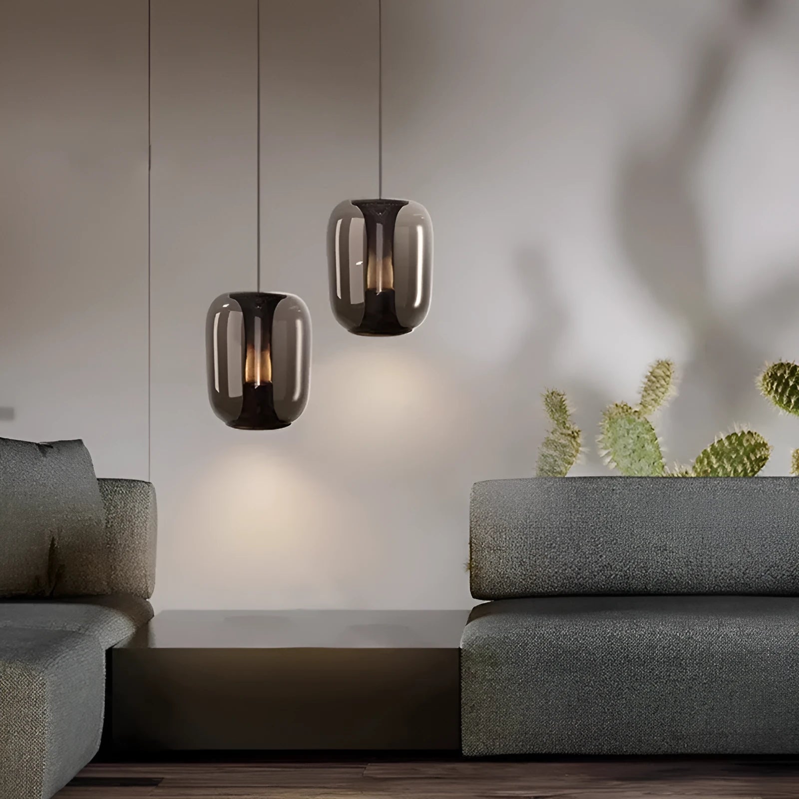 Minimalist Nordic chandelier in clear, cognac, or smoky grey colour, 16 cm wide by 20 cm high.
