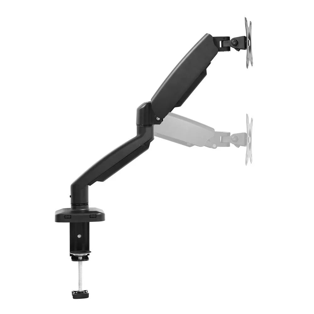 Universal black rotating telescopic LCD monitor stand on a desk next to a keyboard.