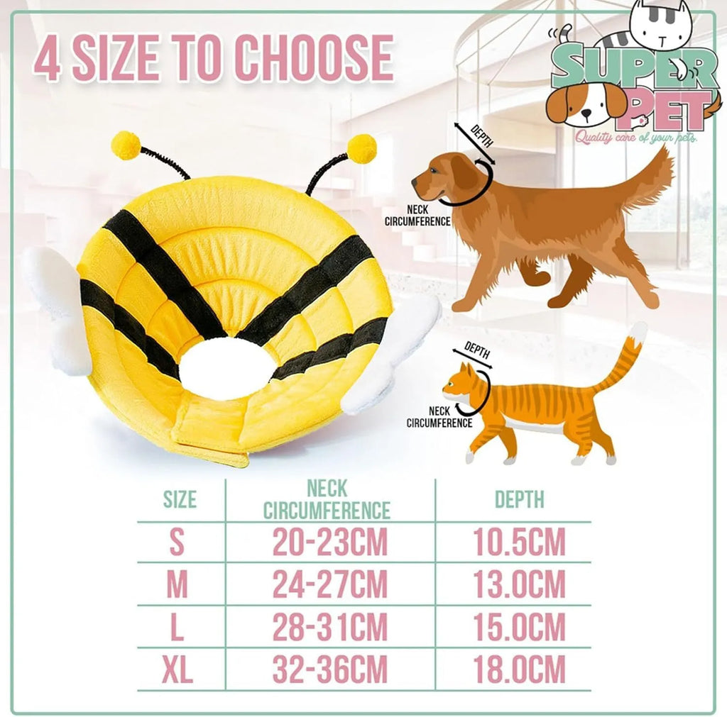 Soft grey cat cone collar with black velcro strap and a cute yellow bee design on the front.