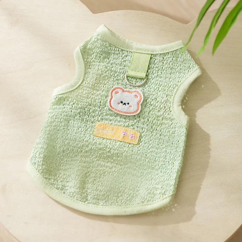 Hollowed-out knitted cat clothes with bear patch in blue, green, yellow colours