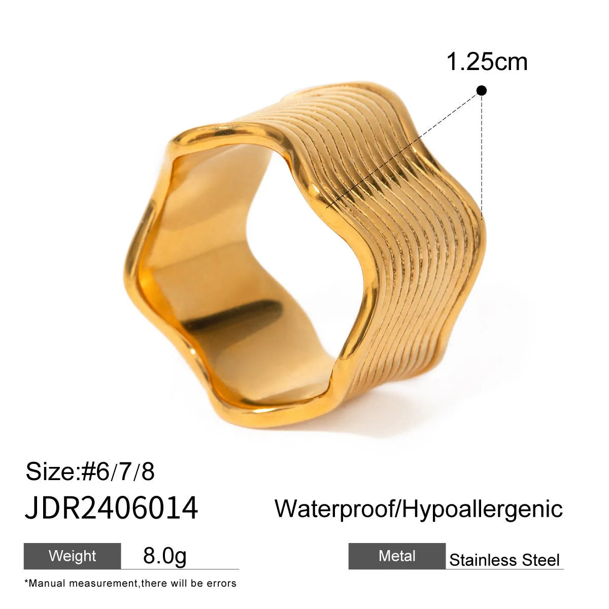 Close-up of a wide stainless steel ring with a geometric wave texture, shown in a silver tone finish.