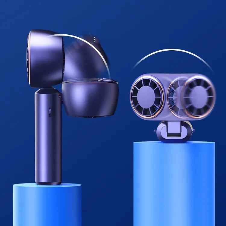 USB handheld mini fan with folding design and digital display screen showing battery level