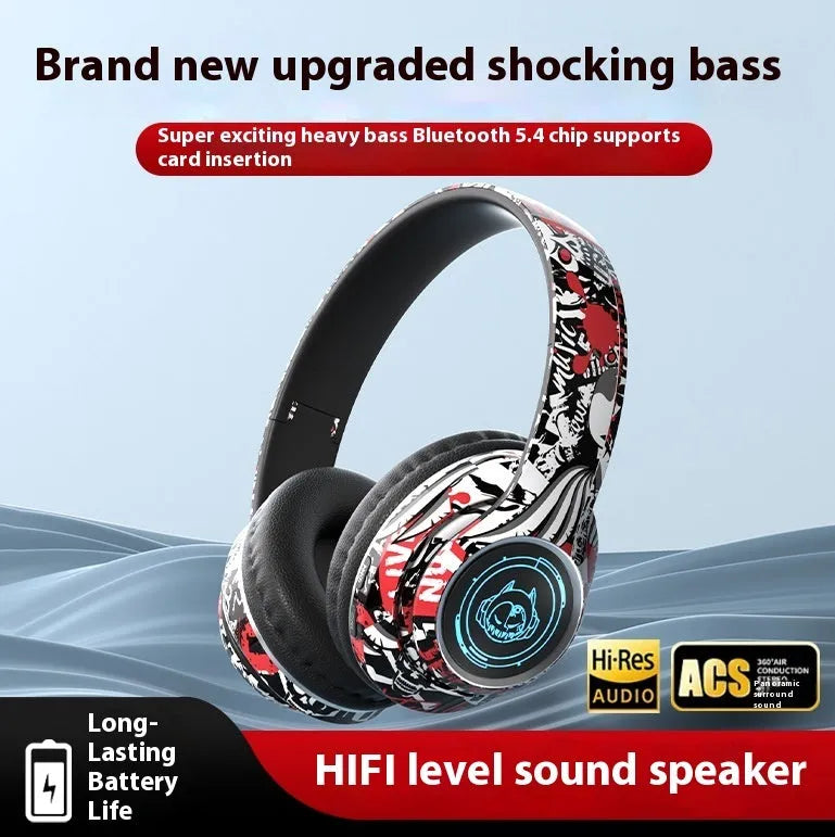 Folding wireless Bluetooth gaming headset in graffiti style with breathing light, PC ABS construction