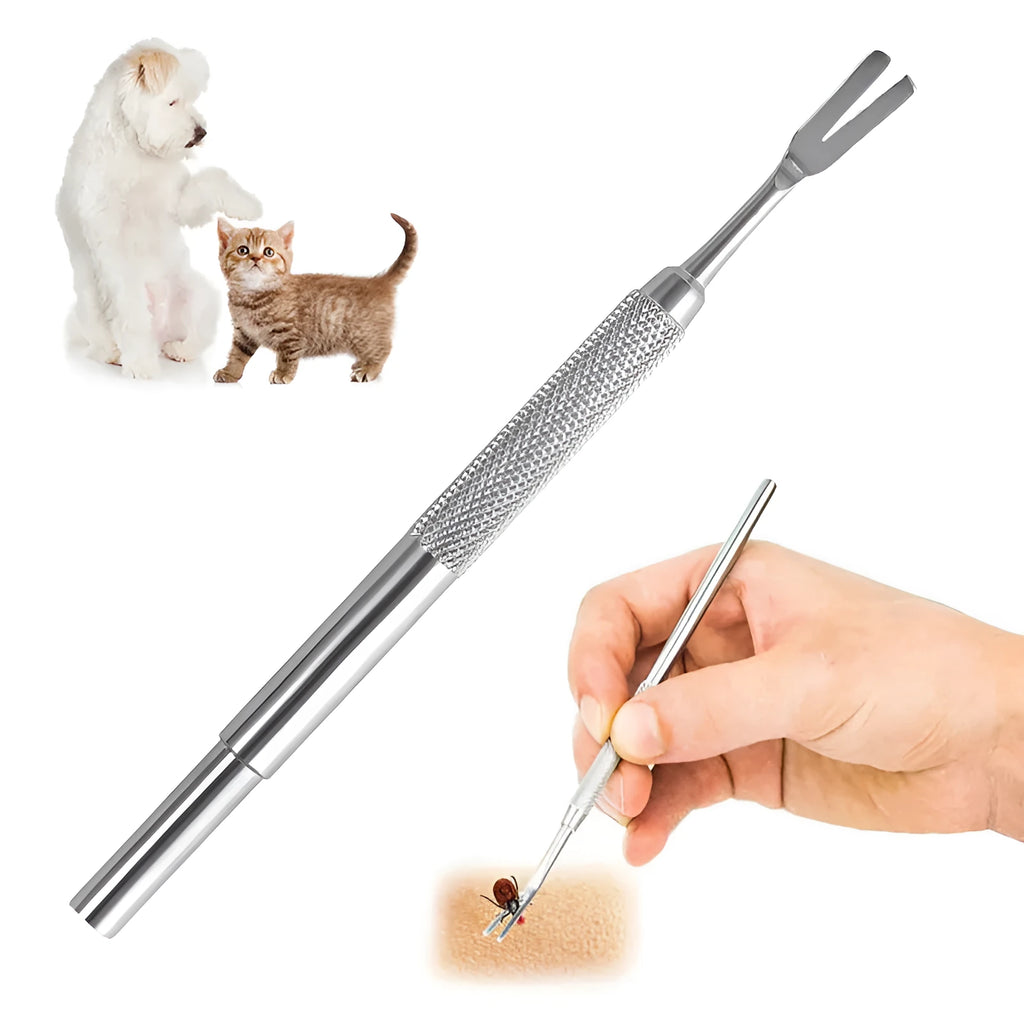 Silver stainless steel tick removal tweezers for pets on a plain background.