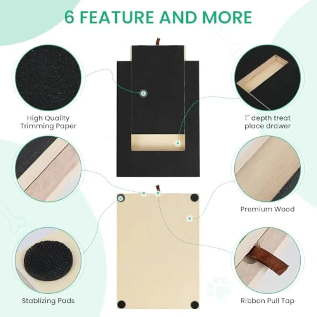 Black wooden dog nail scratch board with treat drawer and four circular anti-slip pads on base