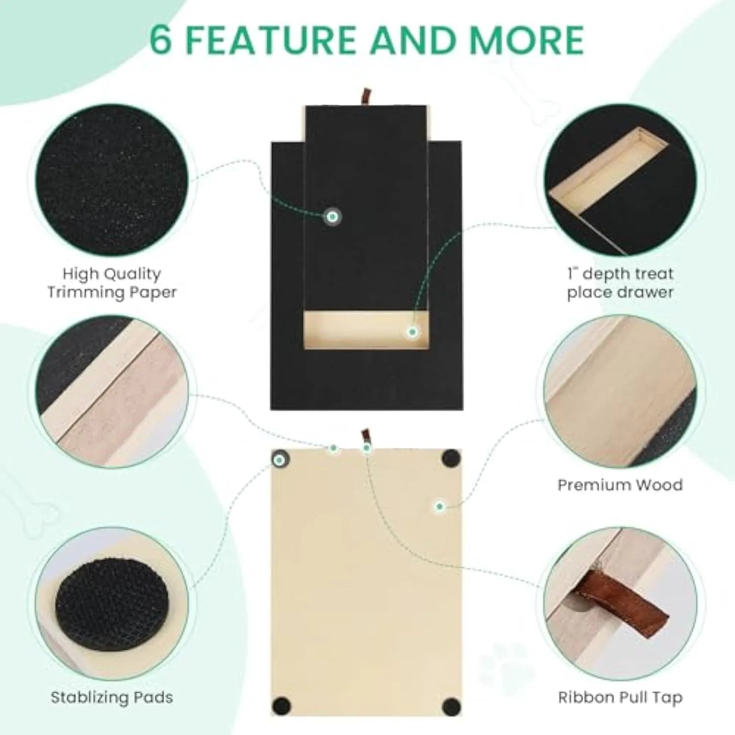 Black wooden dog nail scratch board with treat drawer and four circular anti-slip pads on base
