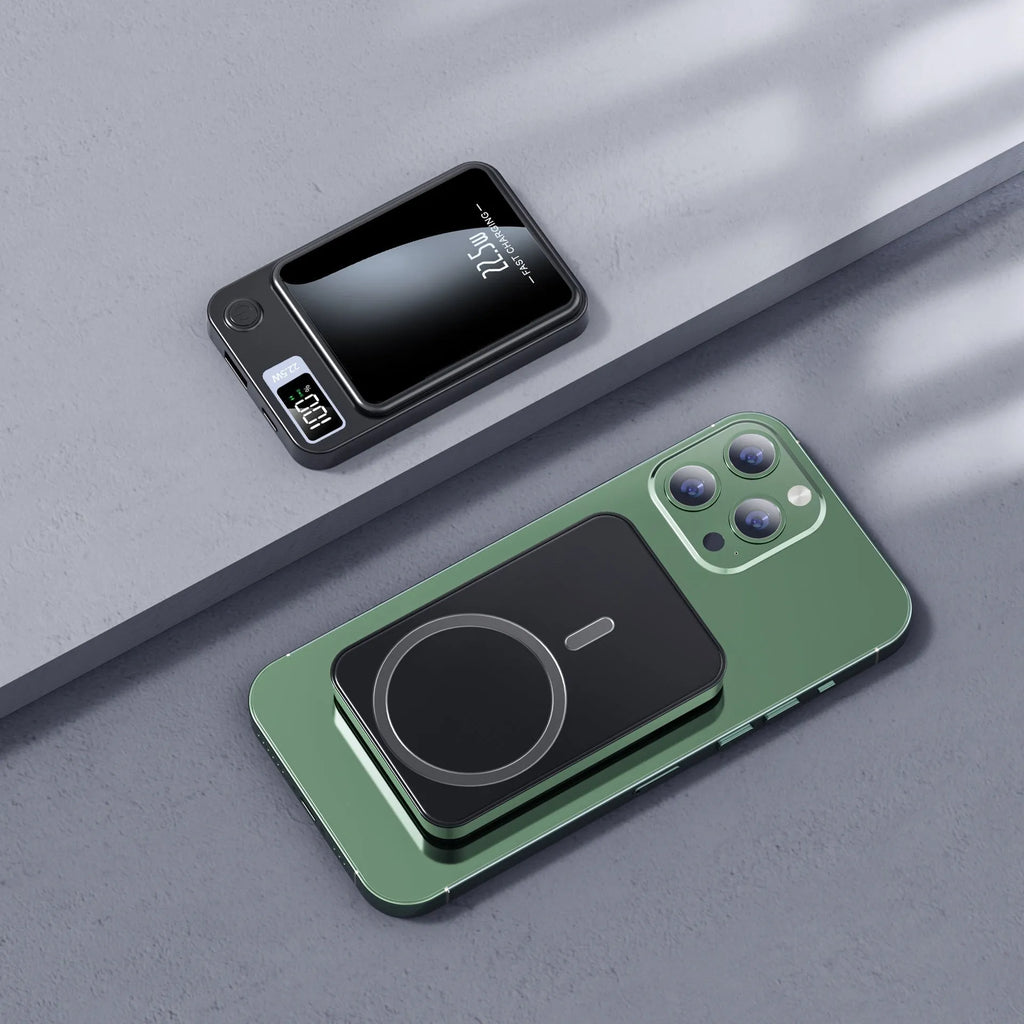 Wireless power bank with MagSafe charging in black, white, purple or green colour with industrial style plastic shell