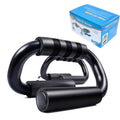 Black S shape push-up bracket rack on a home gym floor